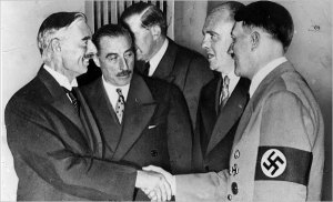 Chamberlain shakes hands with Hitler